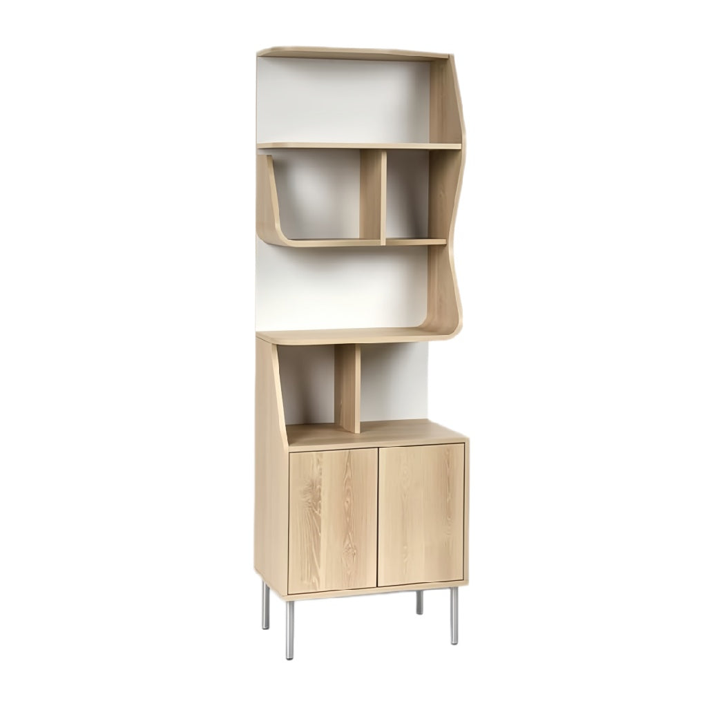 **Technische Titel in het Nederlands: Moderne houten boekenkast met unieke golvende vorm**