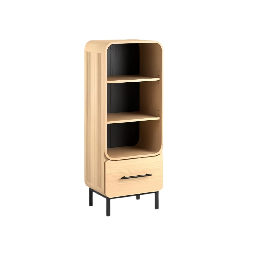 **Technische titel in het Nederlands: Moderne houten opbergkast met open planken en lade**
