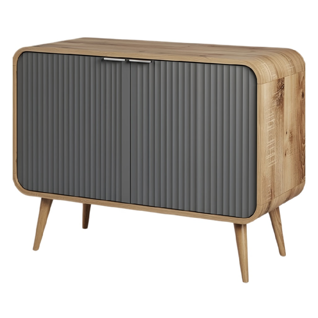 **Technische titel in het Nederlands:** Moderne houten kast met ribbeldeuren en Scandinavisch design