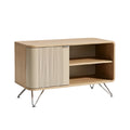 **Technische titel in het Nederlands: Moderne houten kast met schuifdeur en metalen poten**