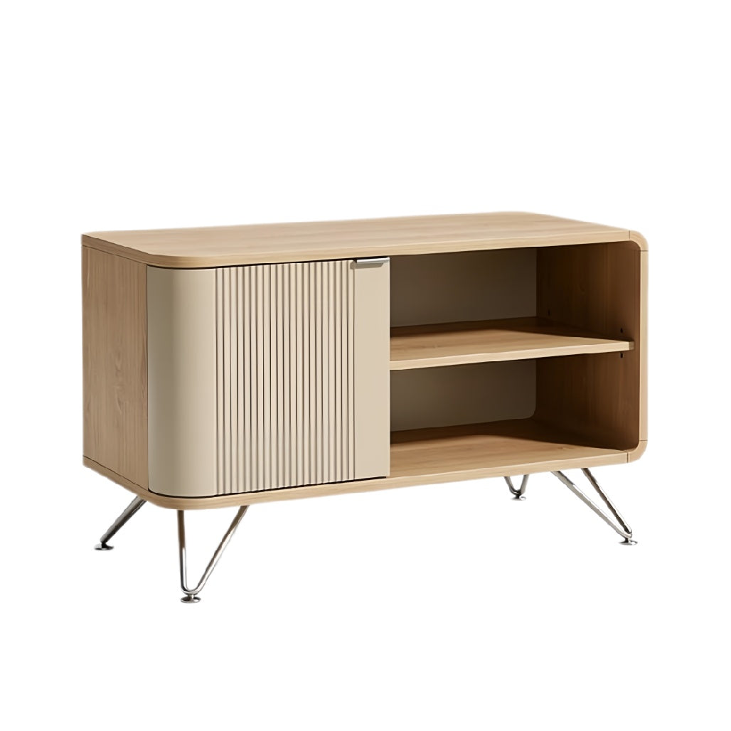 **Technische titel in het Nederlands: Moderne houten kast met schuifdeur en metalen poten**