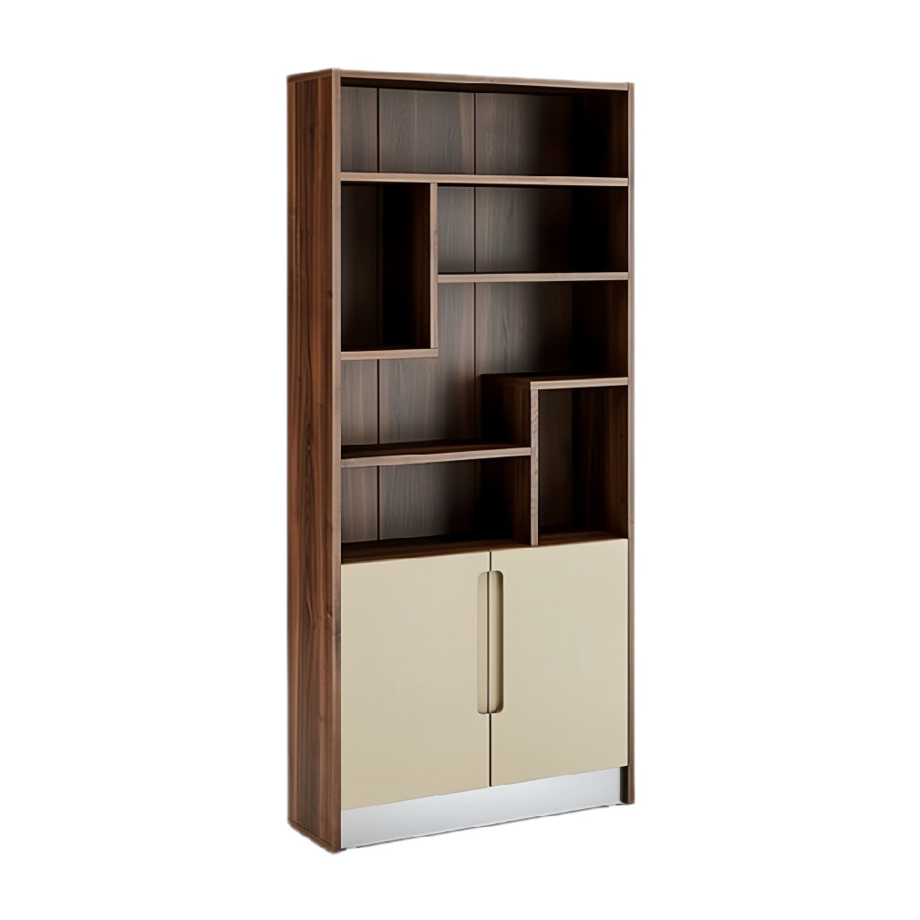 **Technische titel in het Nederlands: Moderne houten boekenkast met open en gesloten compartimenten**
